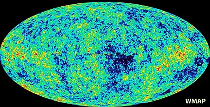 The full sky projection of cosmic background radiation as it is now, but indicating the tiny variations in temperature that existed around the time of Decoupling.